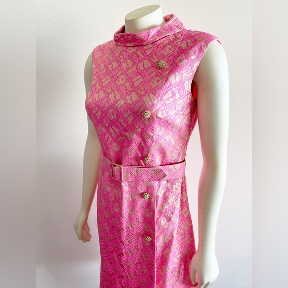 Richard Kaplan 1960s Pink Gold Metallic Thread Belted Vintage Shift Dress - Picture 7 of 16